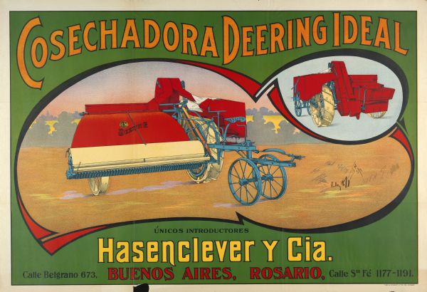 South American advertising poster for Deering brand stripper harvesters and harvester-threshers (combines) featuring color illustrations of the implements. Imprinted with "Hasenclever y Cia.; Buenos Aires, Rosario [Argentina]." Includes the text: "Cosechadora Deering Ideal." Printed by Theo. A. Schmidt Litho. Co., Chicago, Illinois.