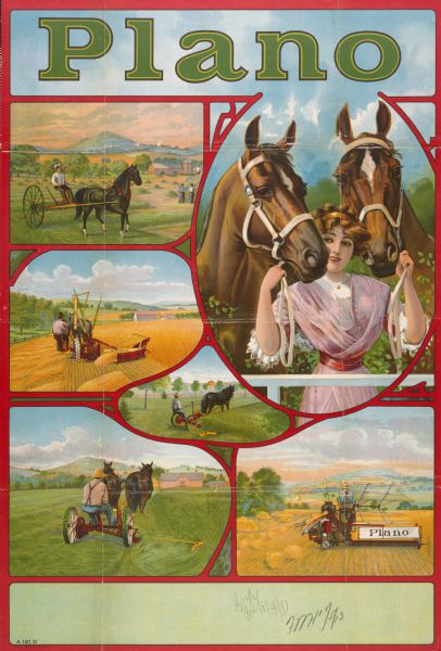 Advertising poster for Plano brand reapers, mowers, grain binders and dump rakes featuring color illustrations of the implements and a woman holding two horses by their bridles. Printed by Hayes Litho. Co., Buffalo, New York.