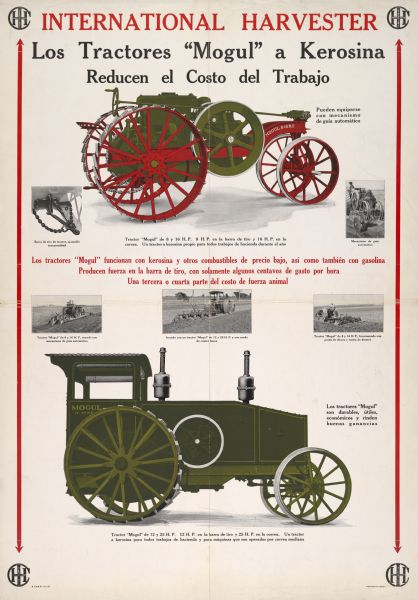 South American advertising poster for Mogul kerosene tractors featuring color illustrations of Mogul 8-16 and 12-25 tractors. Includes the text: "Reducen el Costo del Trabajo" and "International Harvester los tractores." Printed by Harvester Press, Chicago, Illinois.