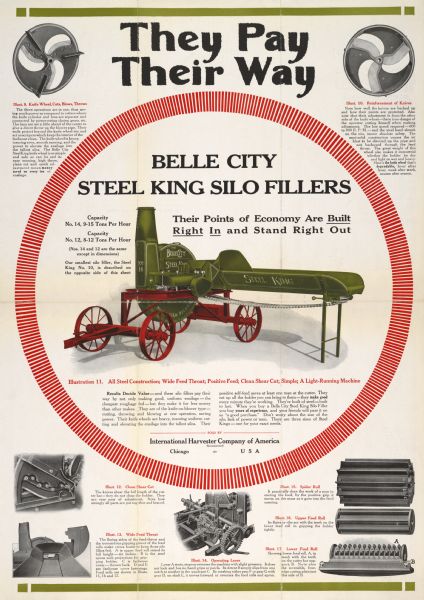 Advertising poster for Belle City Steel King Silo Fillers (ensilage cutters). Includes a color illustration and the text: "Their Points of Economy Are <u>Built</u> <u>Right</u> <u>In</u> and Stand Right Out" and "They Pay Their Way." Printed by Harvester Press, Chicago, Illinois.