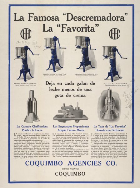 South American advertising poster for the Bluebell(?) cream separator. Includes color illustrations and the text: "La Famosa 'Descremadora' La 'Favorita' . . . Coquimbo Agencies Co. unicos agentes Coquimbo." The poster was printed for distribution in Coquimbo, Chile.