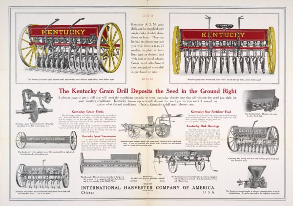 Advertising poster for Kentucky grain drills and seeders sold by the International Harvester Company. Features color illustrations.