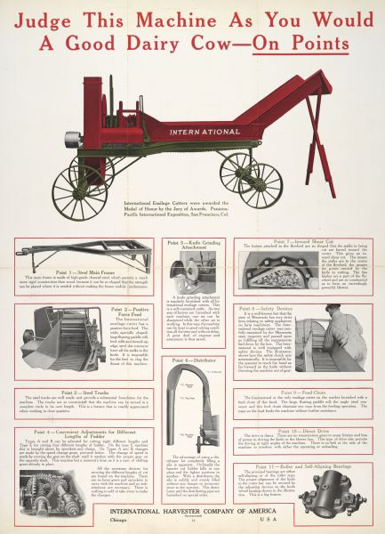 Advertising poster for the International ensilage cutter. The advertising text asks the reader to "Judge this machine as you would a good dairy cow — on points." Features color illustration.