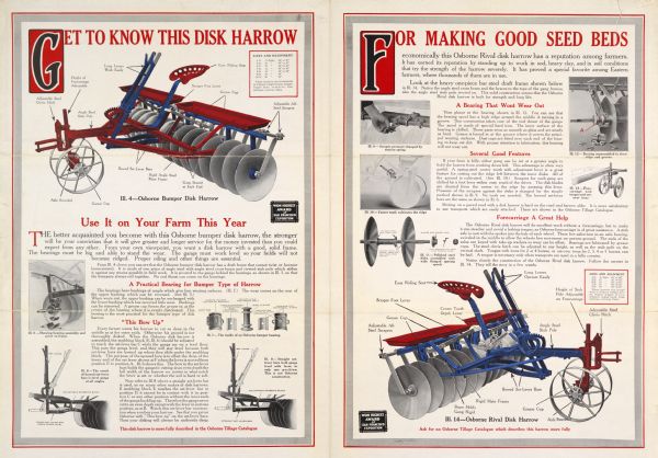 Advertising poster for Osborne Tillage machines manufactured by International Harvester. Features color illustrations of Osborne disk harrows and the text: "get to know this disk harrow for making good seed beds."  Printed by the Harvester Press.