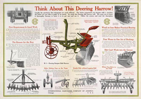 Advertising poster for Deering disk harrows manufactured by International Harvester featuring color illustrations of the implement. The poster was printed by the Harvester Press.