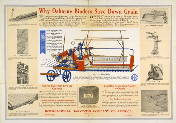 Advertising poster for Osborne harvesting and haying equipment featuring a color illustration of an Osborne grain binder and the text: "Osborne Binders Save Down Grain." The poster was printed by the Harvester Press.