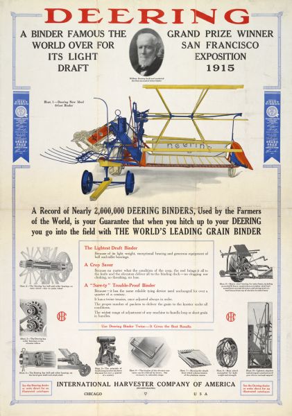 Advertising poster for Deering grain binders manufactured by International Harvester. Includes a color illustration of a Deering grain binder, a photograph of William Deering, and the text: "Famous the World Over for its Light Draft" and "grand prize winner San Francisco Exposition 1915." The poster was printed by the Harvester Press.