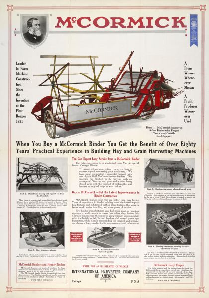 Advertising poster for McCormick grain binders. Includes a color illustration of a McCormick grain binder, a photograph of Cyrus Hall McCormick, and the text: "When You Buy a McCormick Binder You Get the Benefit of Over Eighty Years' Practical Experience in Building Hay and Grain Harvesting Machines." The poster was printed by the Harvester Press.
