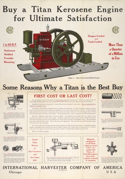 Advertising poster for the Titan kerosene engine manufactured by International Harvester. Features color illustration of engine.