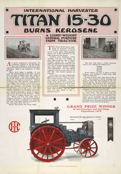 Advertising poster for the Titan 15-30 tractor manufactured by International Harvester. Includes a color illustration of the Titan 15-30 tractor and the text: "Light-weight general purpose farm tractor." The poster was printed by the Poole Bros. Co.