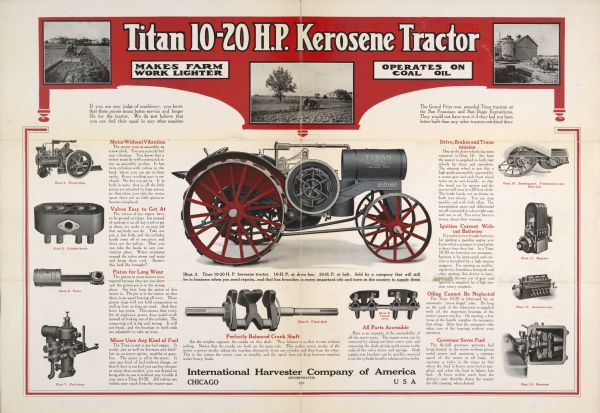 Advertising poster for the Titan 10-20 tractor manufactured by International Harvester. Includes a color illustration of the tractor and the text: "Makes farm work lighter" and "Operates on coal oil." The poster was printed by the Harvester Press.