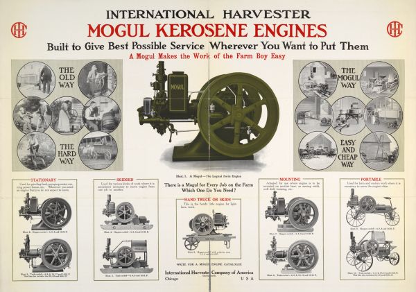 Advertising poster for Mogul kerosene engines manufactured by International Harvester. Includes a color illustration of the engine and photographs illustrating the "Old Way, the Hard Way" of doing farm work and the "New Mogul way, easy and cheap way." This poster was printed by the Harvester Press.