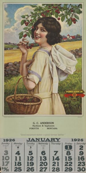 Promotional circular announcing the 1926 calendar for McCormick-Deering farm machinery. The calendar features a young woman looking coyly over her shoulder with a basket of cherries on her left arm and freshly picked cherries in her right hand. Imprinted with "G.C. Anderson Hardware and Implements, Forsyth, Montana."