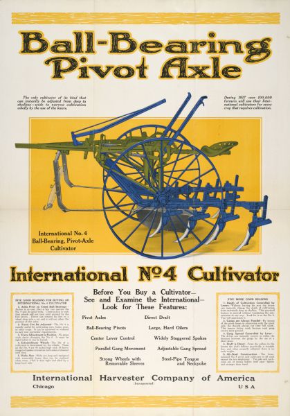Advertising poster for the International No. 4 cultivator. Includes color illustration and the text: "Ball-Bearing Pivot Axle International No. 4 Cultivator."