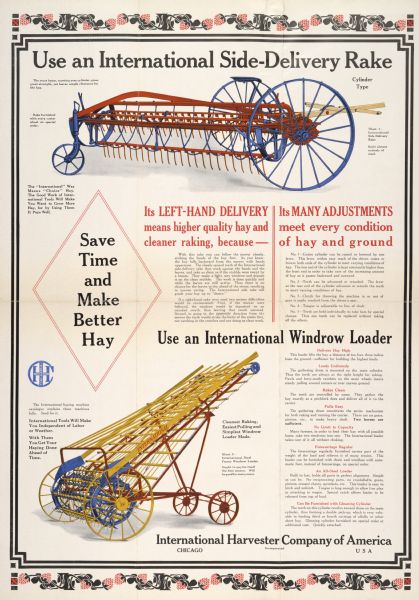 Advertising poster for International side delivery hay rakes and windrow hay loaders. Includes color illustration and the text: "Save Time and Make Better Hay."