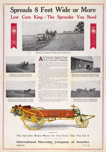 Advertising poster for the Low Corn King manure spreader with the text: "This Spreader Makes Money for You Every Time You Use It." Includes a black and white photograph of a horse-drawn manure spreader in the field as well as color illustration of implement. The poster was printed by the Harvester Press.