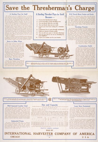 Advertising poster for Sterling threshers. Includes the text: "Save the Thresherman's Charge." Printed by the Magill-Weinsheimer Co. of Chicago.