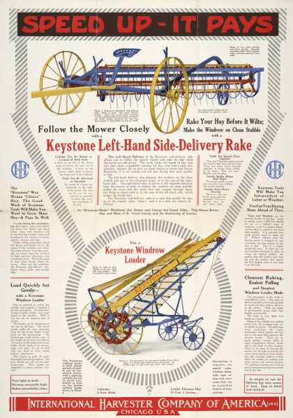Advertising poster for the Keystone left-hand side-delivery hay rake and windrow hay loader featuring color illustrations of the implements and the text: "Speed Up - It Pays."