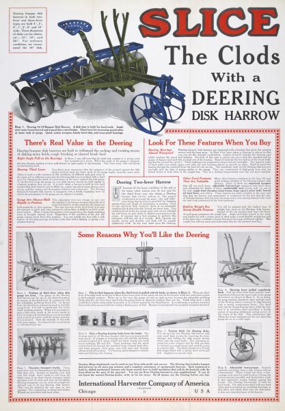 Advertising poster for the Deering disk harrow. Includes color illustration and the text: "Slice the clods with a Deering disk harrow."