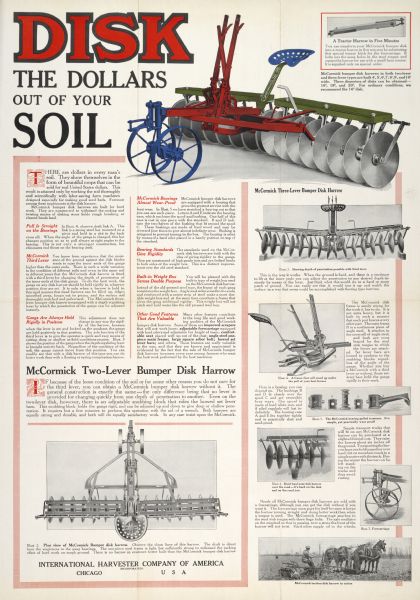 Advertising poster for McCormick disk harrows featuring color illustrations of the implement. Includes the text: "Disk The Dollars Out Of Your Soil."