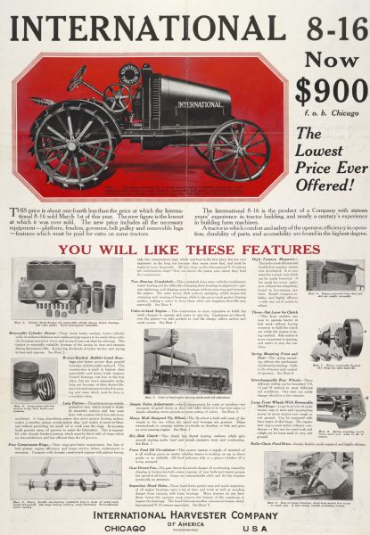 Advertising poster for the International 8-16 tractor. Includes the text "now $900 . . . the lowest price ever offered."