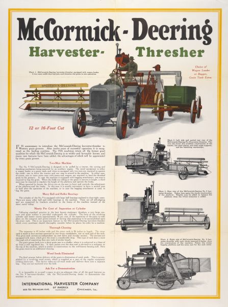 Advertising poster for the McCormick-Deering harvester-thresher (combine). Includes a color illustration of a man pulling the machine with a McCormick-Deering tractor.