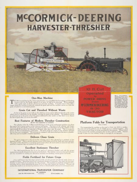 Advertising poster for the McCormick-Deering No. 8 harvester-thresher (combine). Features a color illustration of a farmer operating the machine in a field with a McCormick-Deering 15-30 h.p. tractor.