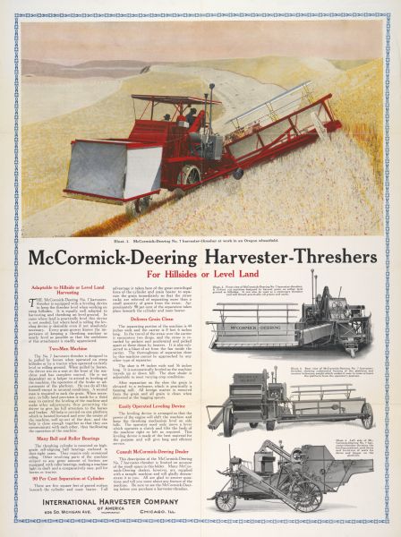 Advertising poster for the McCormick-Deering No. 7 harvester-thresher (hillside combine). Includes a color illustration of a farmer operating the machine on a hillside.