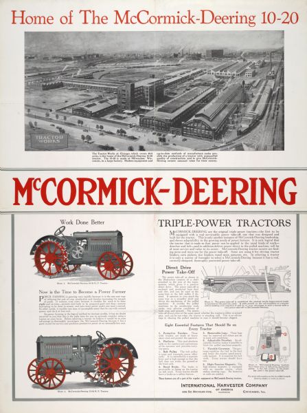 Advertising poster for the McCormick-Deering 10-20 tractor. Includes a photographic illustration of International Harvester's Tractor Works in Chicago, and color illustrations of tractors.