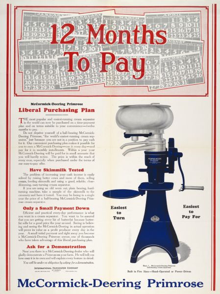 Advertising poster for McCormick-Deering Primrose ball-bearing cream separators featuring a color illustration and a description of the company's installment purchasing plan. Includes the text: "12 Months To Pay."