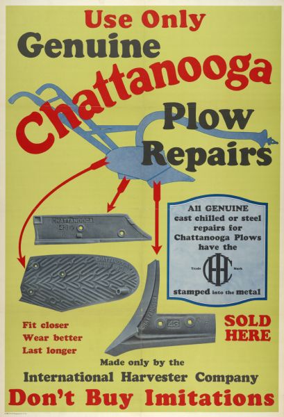 Advertising poster urging the use of genuine repairs [replacement parts] for Chattanooga plows. Includes illustrations of parts and the text: "Don't Buy Imitations." Also includes the text: "Use Only Genuine Chattanooga Plow Repairs."