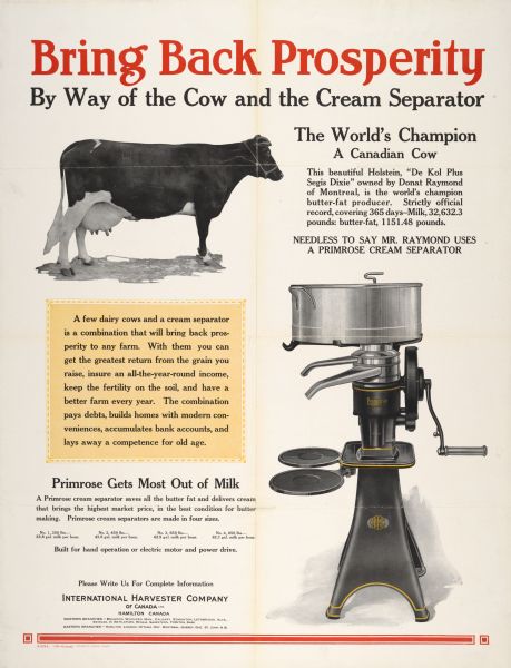 Advertising poster for the Primrose cream separator featuring a color illustration of a cow and a cream separator under the text: "Bring Back Prosperity By Way of the Cow and the Cream Separator." Printed for International Harvester Company of Canada.