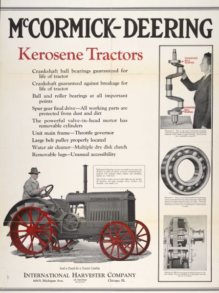 Advertising poster for McCormick-Deering 10-20 and 15-30 kerosene tractors. Includes a color illustration of man on a tractor at bottom left, and illustrations of ball bearings and other parts on the right.