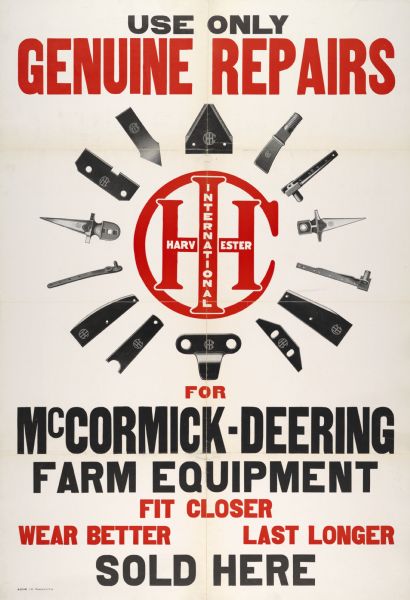 Advertising poster for McCormick-Deering Repair Parts. Includes the text: "Genuine Repairs" and "Sold Here."