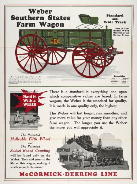 Advertising poster for International Harvester's Weber Southern States Farm Wagon. Includes a color illustration of a man hauling sacks with a horse-drawn wagon.