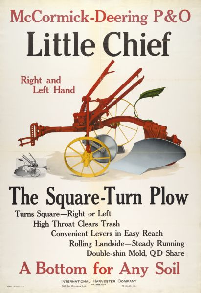 Advertising poster for the McCormick-Deering P&O "Little Chief" plow featuring color illustration of the implement. Includes the text: "The Square-Turn Plow."