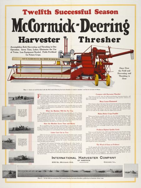 Advertising poster for the McCormick-Deering harvester-thresher (combine). Includes color illustration of the implement and the text "twelfth successful season" and photographic illustrations of the machine in action.