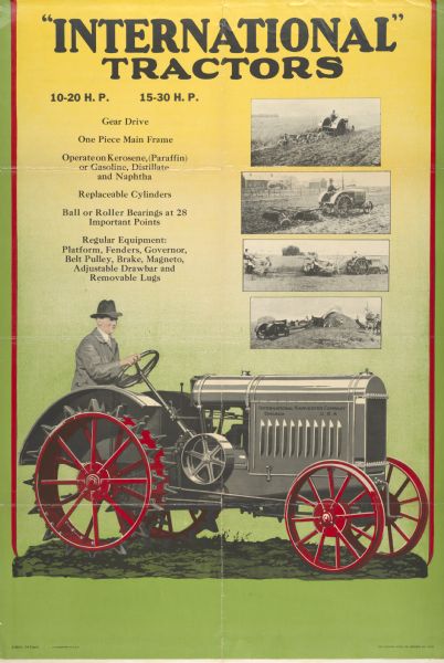 Advertising poster for International 10-20 and 15-30 h.p. tractors. Includes color illustrations of tractors in use on the farm. Printed by the Herman Litho Company.