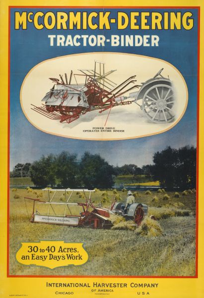 Advertising poster for the McCormick-Deering tractor-binder (grain binder). Includes a color illustration of a farmer harvesting grain with a tractor and grain binder.