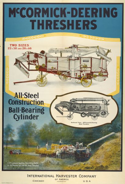 Advertising poster for McCormick-Deering all-steel threshers. Includes a color illustration of a threshing operation.