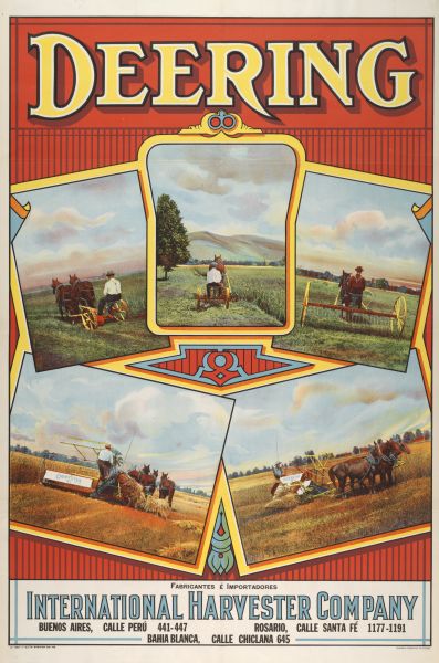Advertising poster for Deering harvesting machinery manufactured by International Harvester. Features color illustration.