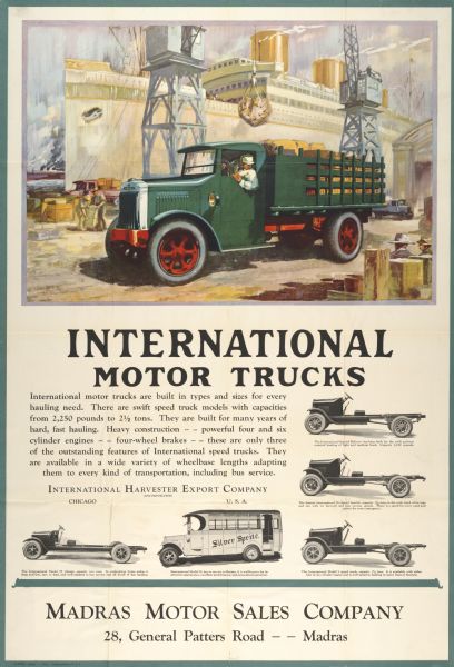 Advertising poster for International trucks showing a coloring illustration of a truck at a dock site with a large ship in the background. Imprinted with "Madras Motor Sales Company; 28, General Patters Road -- Madras [India]."