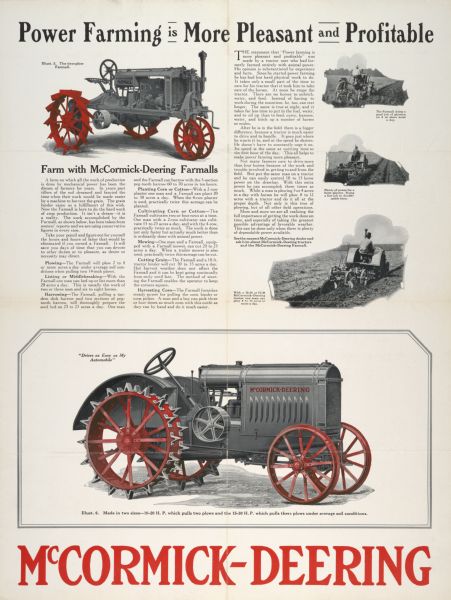 Advertising poster for McCormick-Deering tractors showing a Farmall Regular and a 10-20 tractor with descriptive text. Includes the text: "Power Farming is More Pleasant and Profitable," color illustrations of a tractor, and 3 black and white photographs of men using tractors in a field.