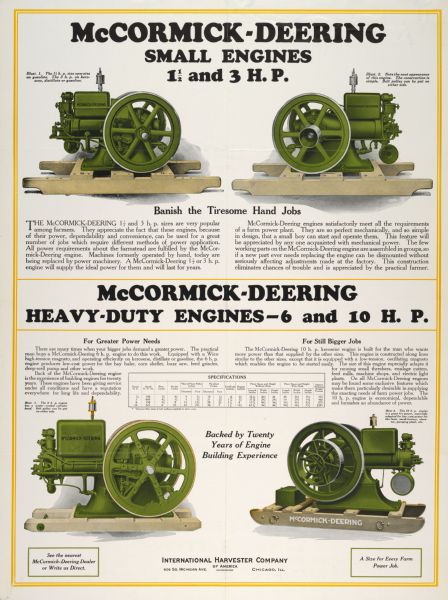 Advertising poster for McCormick-Deering small and heavy-duty engines (1 1/2 h.p., 3 h.p., 6 h.p. and 10 h.p.) featuring color illustrations of the machines.
