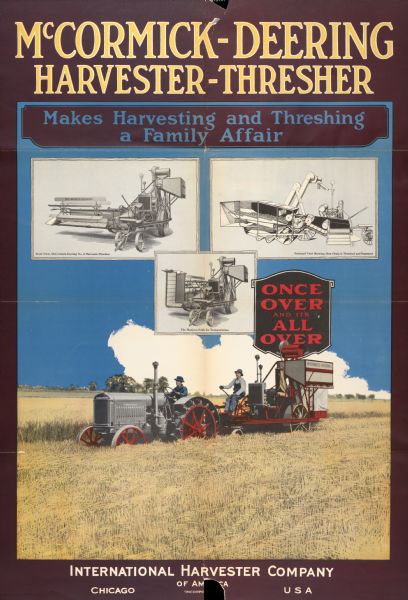 Advertising poster for the McCormick-Deering No. 8 harvester-thresher (combine). Features a color illustration of farmers harvesting grain with a tractor and harvester-thresher and includes the text "makes harvesting and threshing a family affair." Printed by Magill-Weinsheimer Company of Chicago.