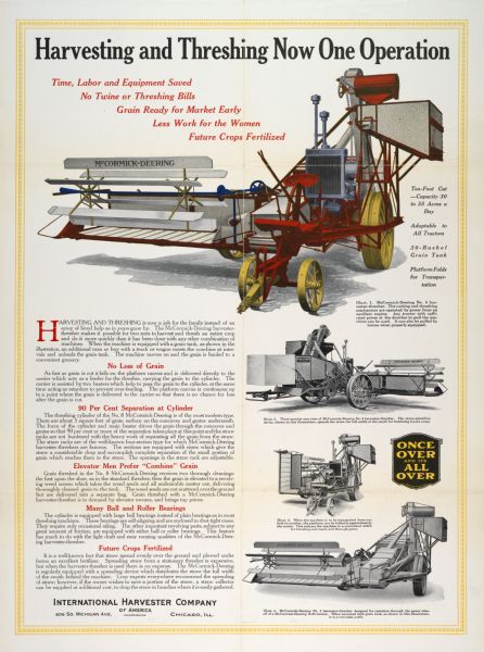 Advertising poster for the McCormick-Deering No. 8 harvester-thresher (combine). Includes color illustration and the text "harvesting and threshing now one operation" and "once over and it's all over."