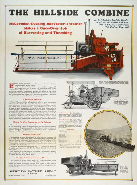 Advertising poster for the McCormick-Deering No. 7 hillside combine (harvester-thresher). Includes color illustration and the text "makes a once-over job of harvesting and threshing."