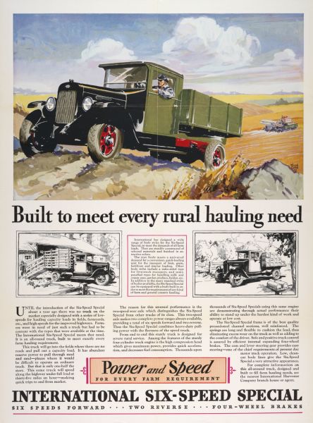 Advertising poster for the International Six Speed Special motor trucks featuring color illustration. Includes the text "built to meet every rural hauling need." Printed for distribution in Australia.