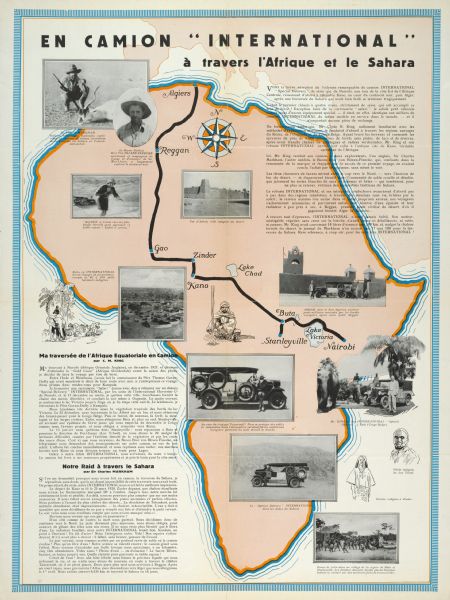 Advertising poster for International Special Delivery trucks. Features photographic illustrations of a journey across the Sahara desert over a map of Africa. Includes the text "En Camion 'International' a travers l'Afrique et le Sahara." Printed by H. M. Boutin of Paris for use in France.
