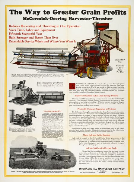 Advertising poster for McCormick-Deering No. 11 harvester-thresher (combine)featuring color illustration of the implement. Includes the text "the way to greater grain profits."